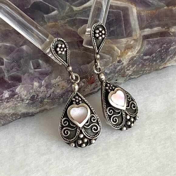 Sterling Silver 925 BOMA MOP Mother Of Pearl Oxidized Scrollwork Dangle Earrings - Picture 3 of 16